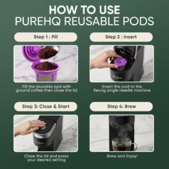 Reusable Keurig coffee filter pods being filled with ground coffee and inserted into a Keurig brewer.