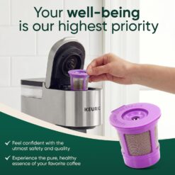 Hand inserting a purple reusable Keurig coffee filter pod into a Keurig coffee maker.