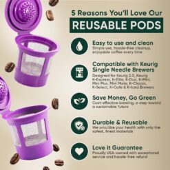 Purple reusable K-cup coffee filters for Keurig brewers, showcasing 4 pack refillable pods.
