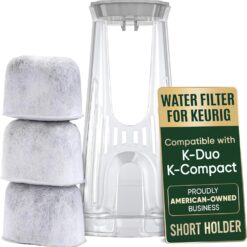 Keurig water filter starter kit: rear reservoir filter holder with 3 charcoal water filters for K-Duo coffee makers.