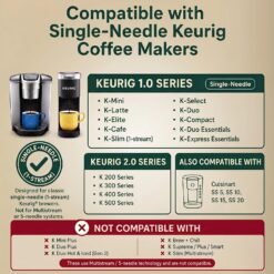 Reusable K-Cup filter pods for single-needle Keurig 1.0 & 2.0 brewers, compatible with specific models.