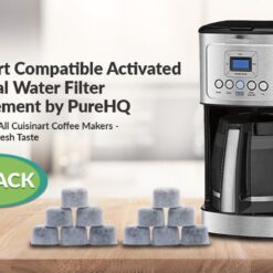 Cuisinart charcoal water filter replacement by PureHQ for coffee makers, shown with a 12-pack of filters.