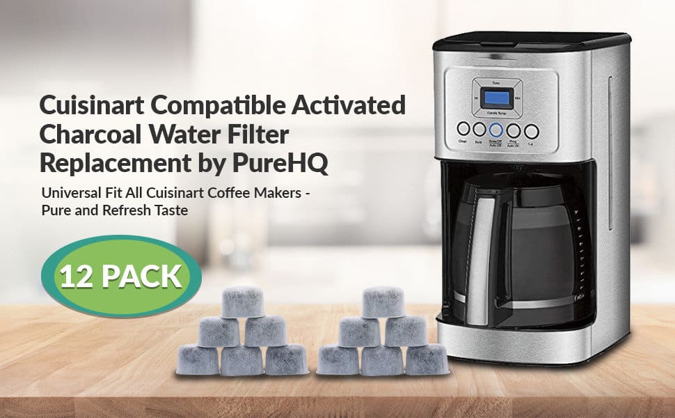 Cuisinart charcoal water filter replacement by PureHQ for coffee makers, shown with a 12-pack of filters.