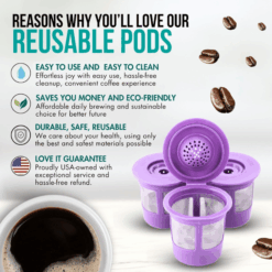 Reusable K Cups Coffee Filter Pods for Keurig machines, promoting easy use, cost saving, and eco-friendly coffee brewing.