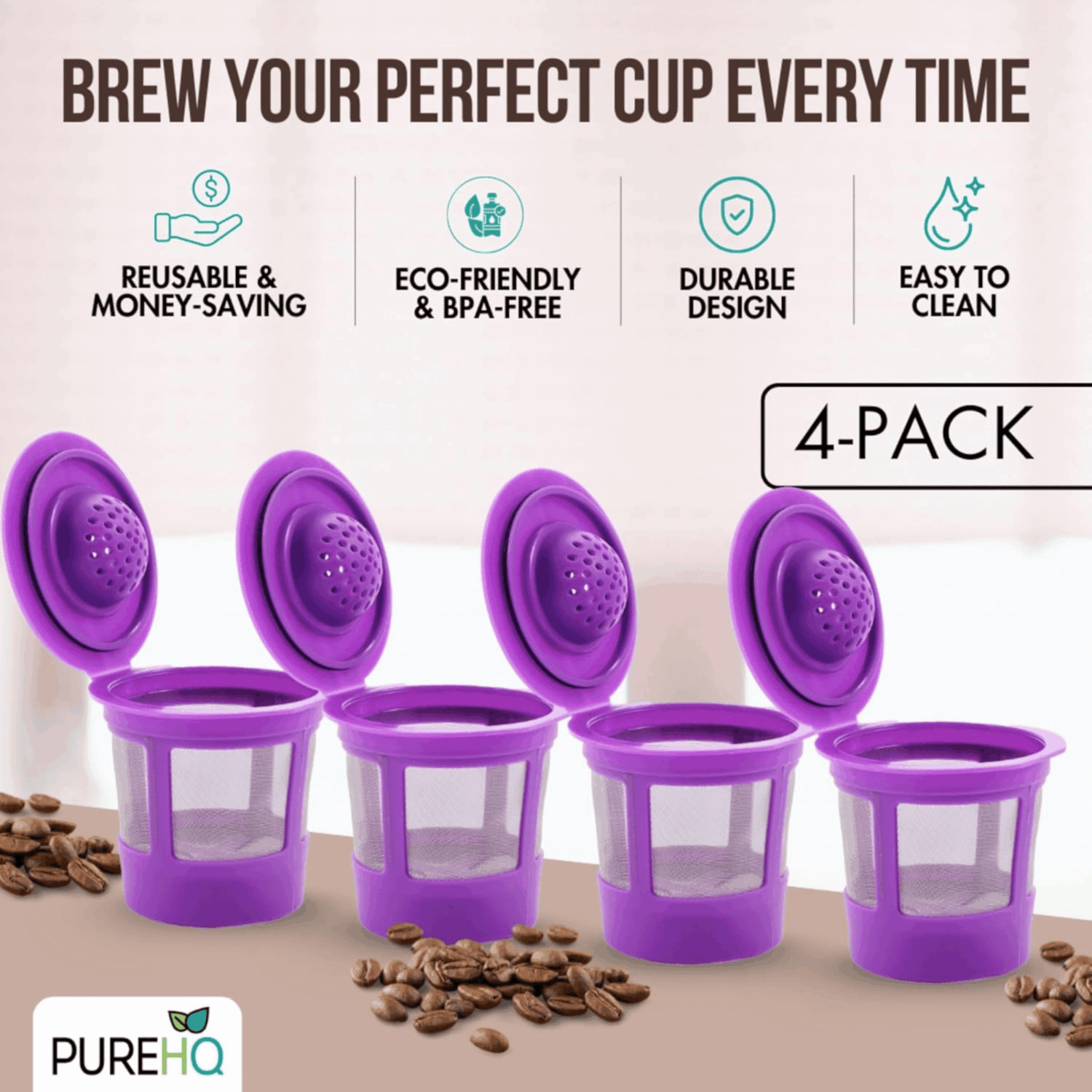 Reusable K Cups: 4-pack of purple coffee filter pods for Keurig machines, eco-friendly and money-saving.