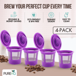 Reusable K Cups: 4-pack of purple coffee filter pods for Keurig machines, eco-friendly and money-saving.