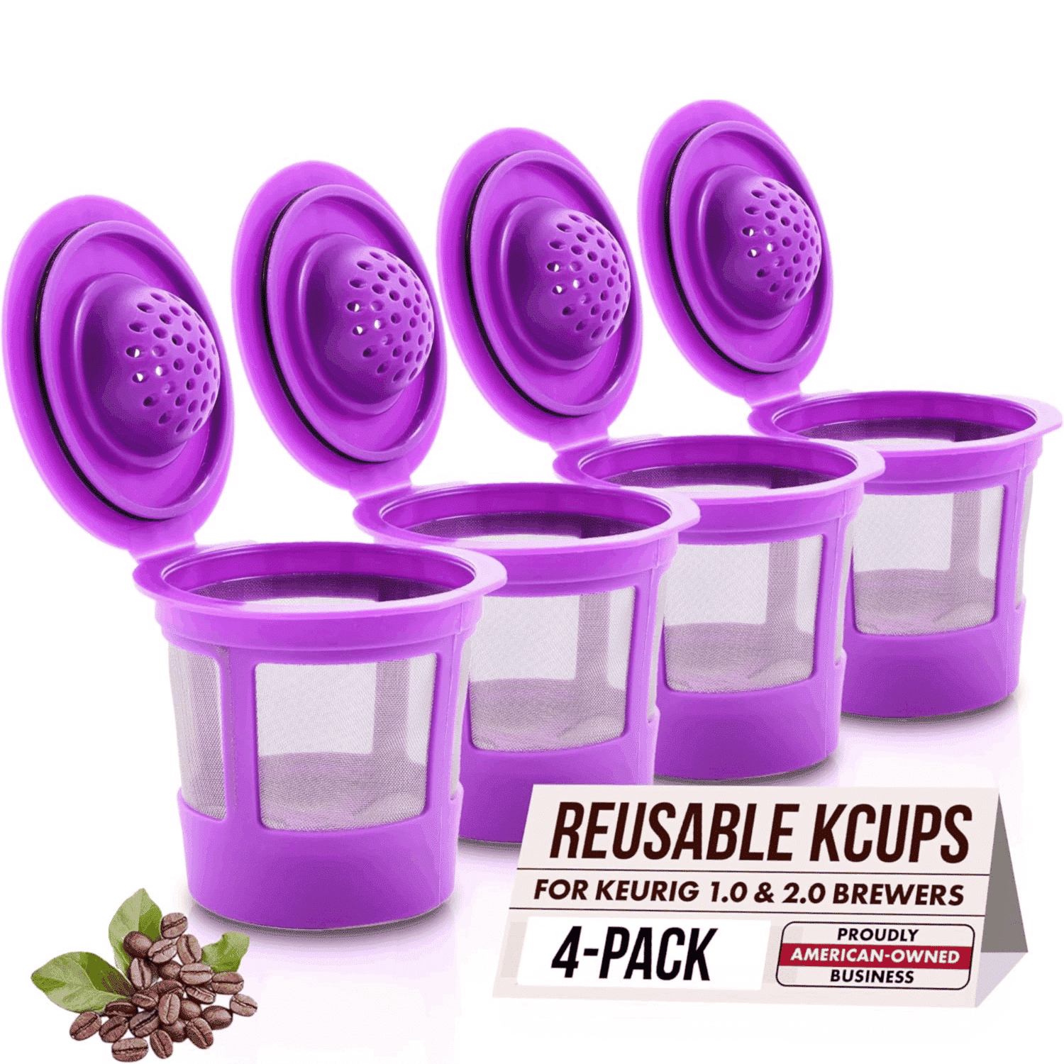 Reusable K Cups: Purple coffee filter pods for Keurig 1.0 & 2.0 machines, 4-pack.
