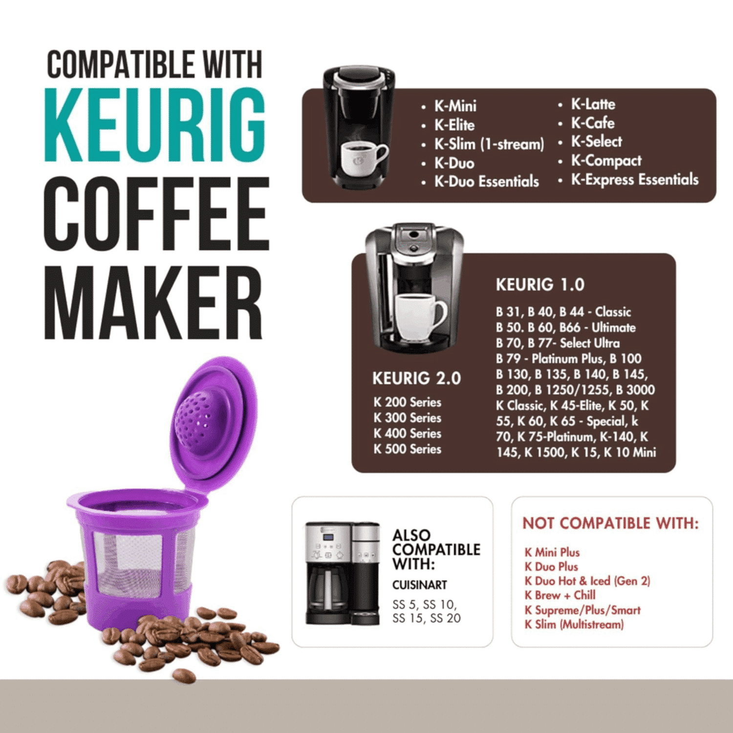 Reusable K Cups filter pod compatible with Keurig 1.0 & 2.0 machines, a replacement for K-Cups. Compatibility chart included.