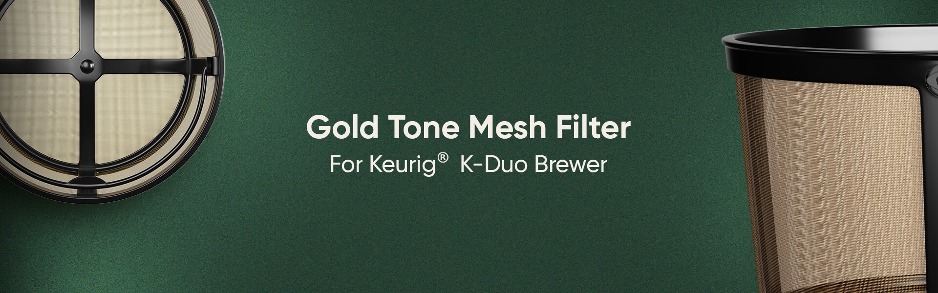 Gold tone mesh reusable coffee filter for Keurig K-Duo brewer.