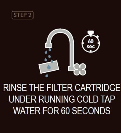 Keurig water filter replacement step 2: Rinse the filter cartridge under cold tap water for 60 seconds.