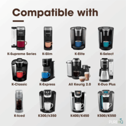 Keurig 2.0 compatible coffee makers: K-Supreme, K-Slim, K-Elite, K-Select, K-Classic, K-Express, 2.0 series, K-Duo Plus, K-Iced, K300/K350, K400/K450, K500/K550.