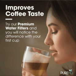 Woman enjoying coffee made with Keurig 2.0 water filter for improved taste.