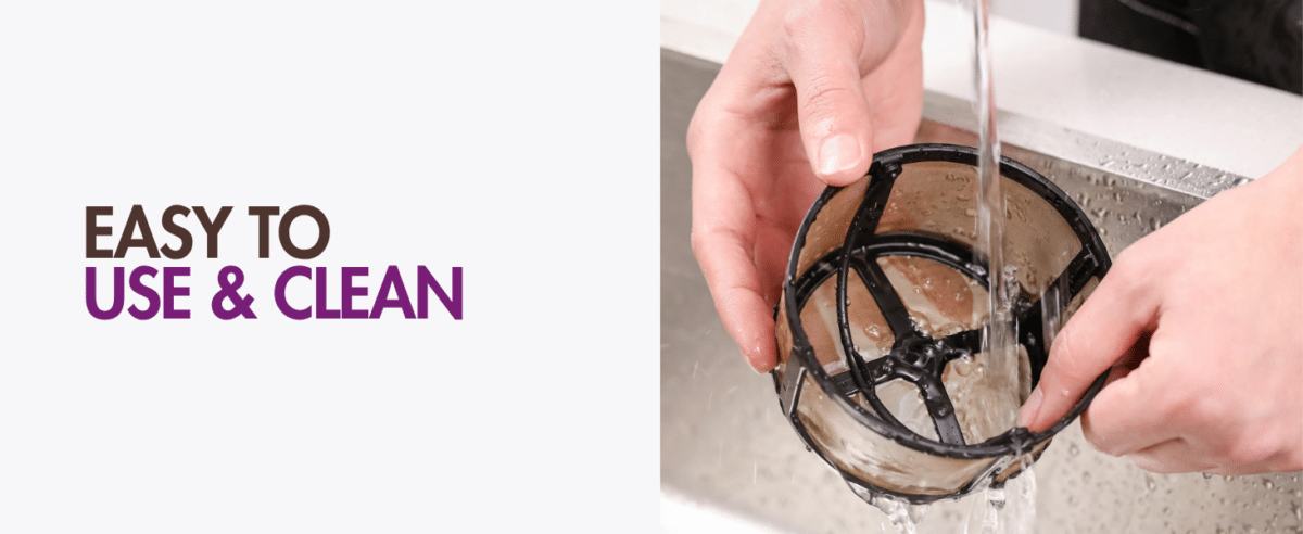 Reusable K-Duo mesh coffee filter being cleaned. Gold tone mesh filter for Keurig K-Duo Essentials and K-Duo Brewers Machine.