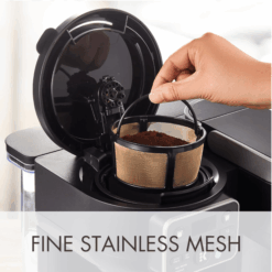 Reusable K-Duo mesh coffee filter: Gold tone mesh filter being placed in Keurig K-Duo brewer.