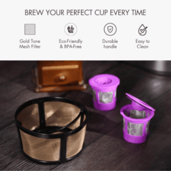 Reusable K-Duo mesh coffee filter with gold tone mesh filter and refillable K cups for Keurig K-Duo Brewers.