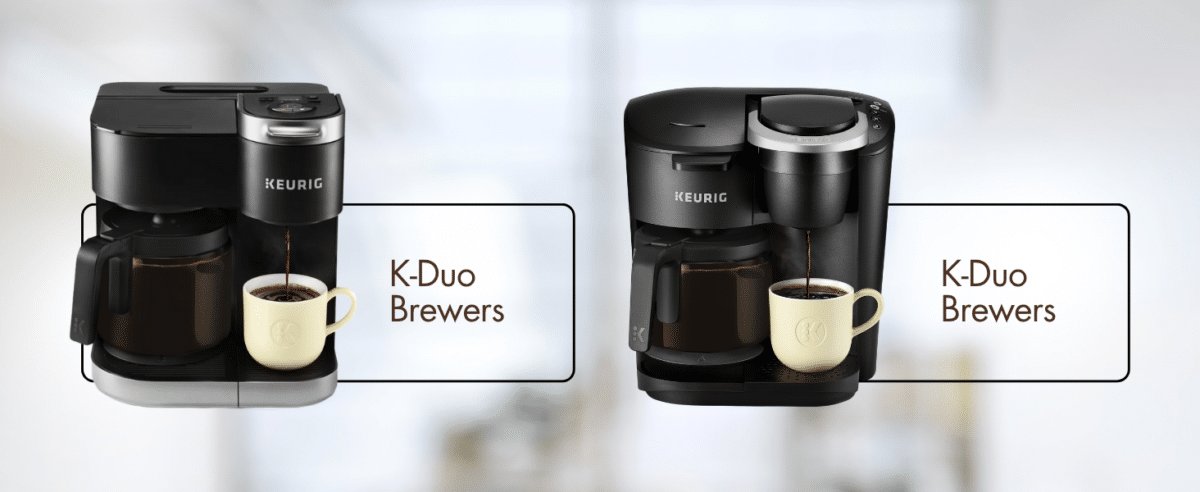 Keurig K-Duo Brewers: Showing two models of the machine, highlighting its compatibility with K-Duo mesh coffee filter.