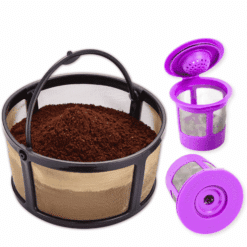 Reusable K-Duo mesh coffee filter with gold tone mesh filter and refillable K Cups.