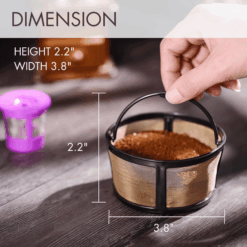 Reusable K-Duo mesh coffee filter with gold tone mesh filter, dimensions 2.2