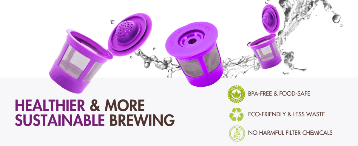 Reusable K-Duo mesh coffee filter with gold tone mesh filter for Keurig K-Duo brewers.