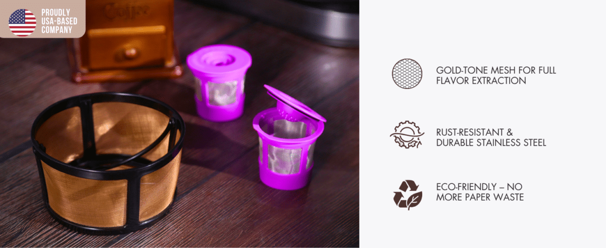 Reusable K-Duo mesh coffee filter with gold tone mesh filter and refillable K Cups, eco-friendly alternative.