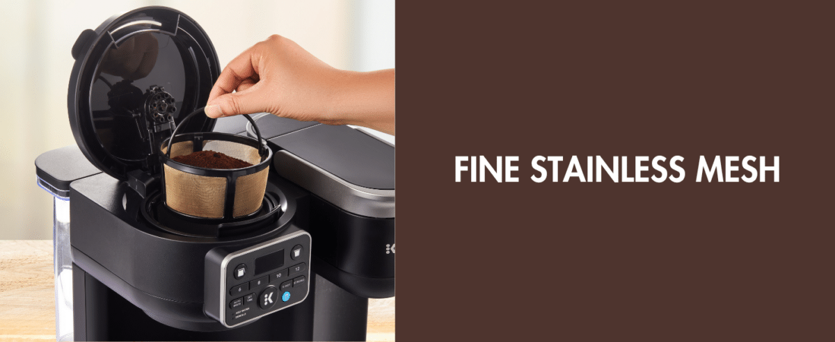 Reusable gold tone mesh filter being placed into a Keurig K-Duo coffee maker. K-Duo mesh coffee filter.