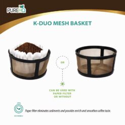 Reusable K-Duo mesh coffee filter with gold tone mesh filter, compatible with Keurig K-Duo machines; use with or without paper filter.