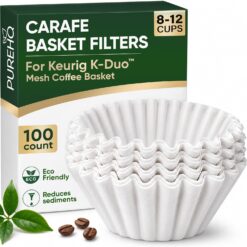 PureHQ Carafe Basket Filters for Keurig K-Duo mesh coffee basket, 100 count, white paper.