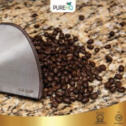 Reusable Pour Over Coffee Filter: Stainless steel mesh filter for carafe coffee makers with coffee beans.