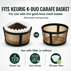 Keurig K-Duo coffee paper filters and gold tone mesh basket, use with or without filter for easy cleanup