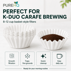 PureHQ coffee paper filters for Keurig K-Duo brewers, 8-12 cup basket style, with ground coffee