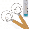 Danish Dough Whisk Mixer 2-Pack: 13" stainless steel bread dough mixer with wooden handles.