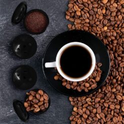 Reusable K Cups for Keurig Supreme: Refillable coffee pods (4 pack) surrounded by coffee beans and a cup of coffee.