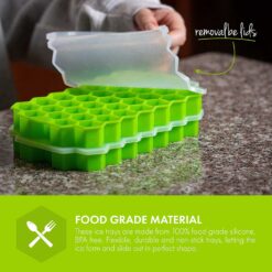 Ice Cube Trays: 2 pack of green, stackable, 74-hexagon-shaped, best ice cube trays for freezer, with removable lids.