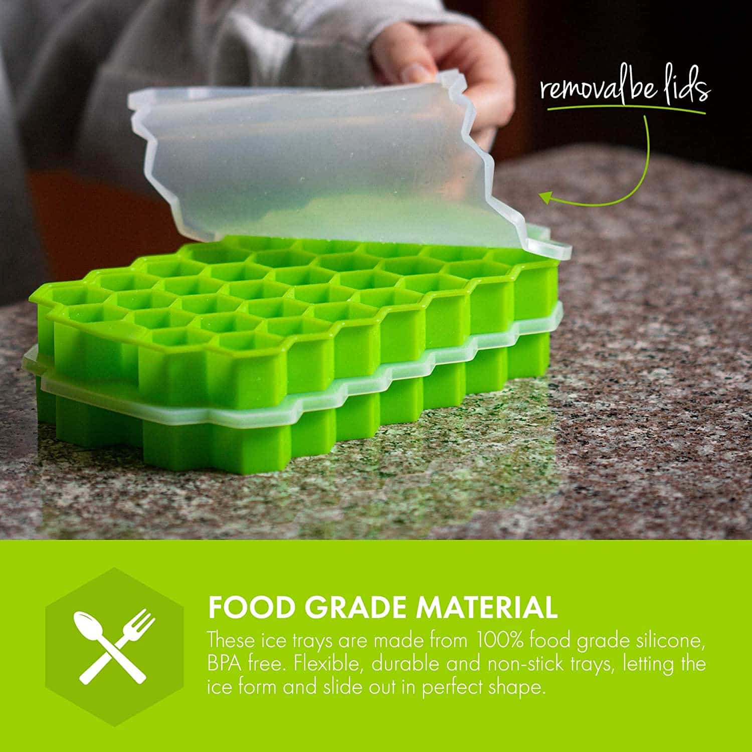 Ice Cube Trays: 2 pack of green, stackable, 74-hexagon-shaped, best ice cube trays for freezer, with removable lids.
