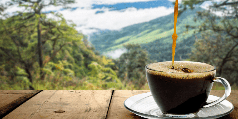 Coffee being poured into a glass cup with a mountain view. Reusable K-Cups blog image.