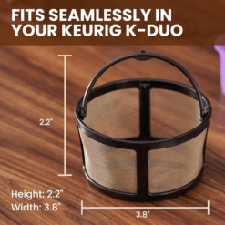 PureHQ Reusable K-Duo mesh coffee filter: Gold tone filter for Keurig K-Duo, dimensions shown.