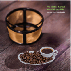 Reusable gold tone mesh filter basket for Keurig K-Duo. Refillable carafe filter for ground coffee.