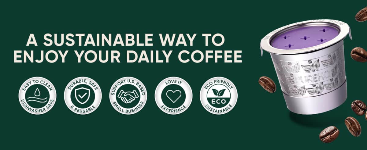 Reusable stainless steel K-Cups for Keurig MultiStream coffee makers, with eco-friendly icons.