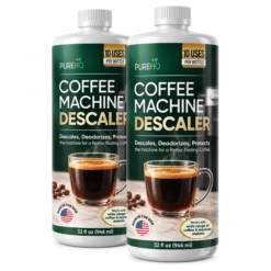 Two bottles of PureHQ Coffee Machine Descaler, 32 fl oz each, made in the USA.