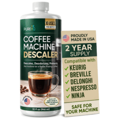 PureHQ coffee machine descaler solution in a 32 oz bottle, 10 uses per bottle, made in USA.