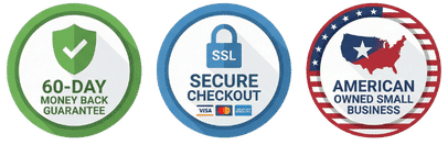 60-day guarantee, secure checkout (SSL), and American-owned small business badges for coffee accessories purehq