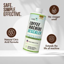 PureHQ Coffee Machine Descaler: Natural citric acid formula, 10 uses per bottle, safe, simple, effective descaling solution.