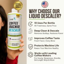 PureHQ Coffee Machine Descaler: 10 uses, universal descaling solution for Keurig, Nespresso, Breville & espresso machines. Made in USA.