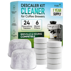 PureHQ Descaler Kit with 24 cleaning tablets and 6 water filters for Breville & Keurig coffee makers.