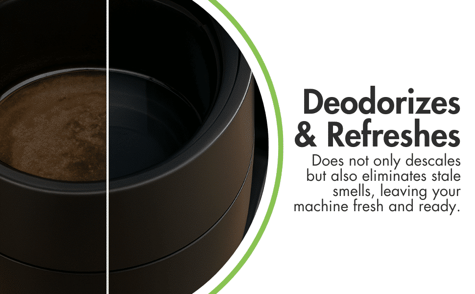 Coffee Machine Descaler: Descaled vs. non-descaled coffee machine, deodorizes and refreshes.