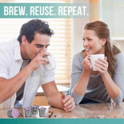 Couple enjoying coffee brewed with PureHQ Reusable K Cups for Keurig. Stainless steel, refillable, and compatible with K Supreme, K-Duo, and K Slim.
