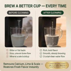 Keurig & Breville descaling: Before & after cleaning tablets showing improved water flow & taste. Removes calcium, lime & scale.