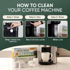Keurig cleaning tablets infographic: Drop, run, rinse to clean your coffee machine. Includes 24 descaling tablets.