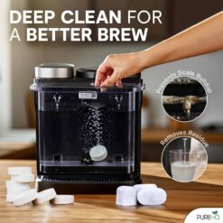 Keurig cleaning tablets shown dissolving in a Keurig water tank, preventing scale buildup and removing residue for a better brew.