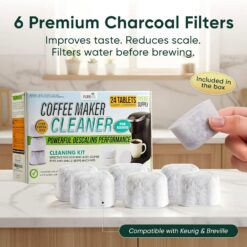 Keurig & Breville Descaling Kit: 24 cleaning tablets & 6 charcoal water filters for better coffee taste.
